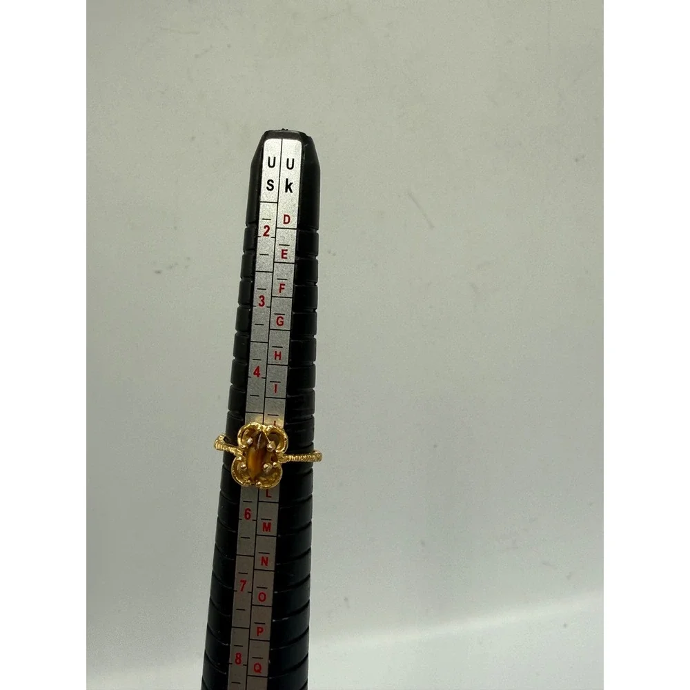 Vintage 18K HGE Tiger's Eye Ring Gold Tone Textured Band Size 5